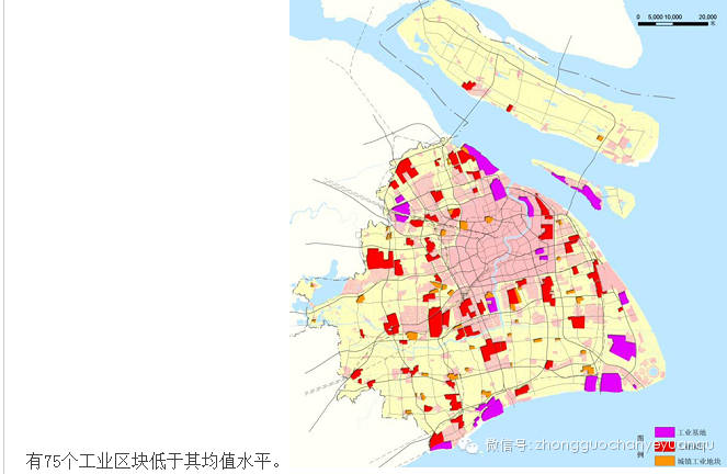 (图为上海三类工业用地分布状况,粉色的为工业基地,红色的为工业园区