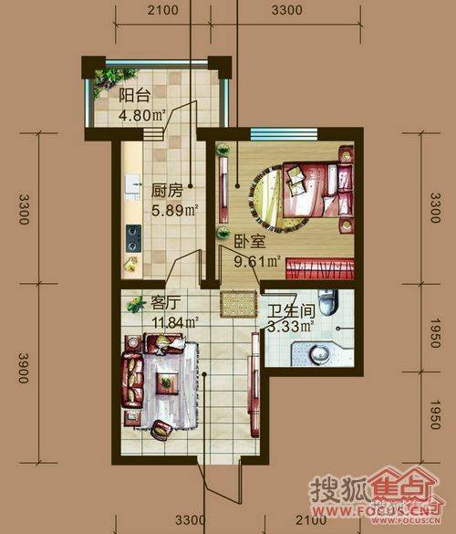 红星城一室一厅一卫51.16㎡户型图