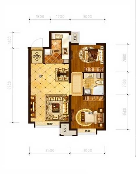 大运河孔雀城英国宫二期两室两厅一卫B1户型